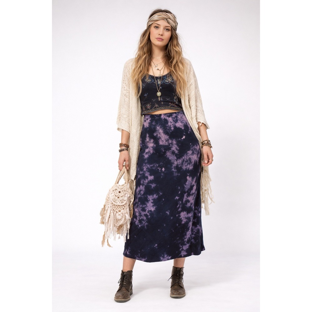 Stateside Tie Dye Midi Slip Skirt Womens S Purple Black Boho Indie Festival Chic